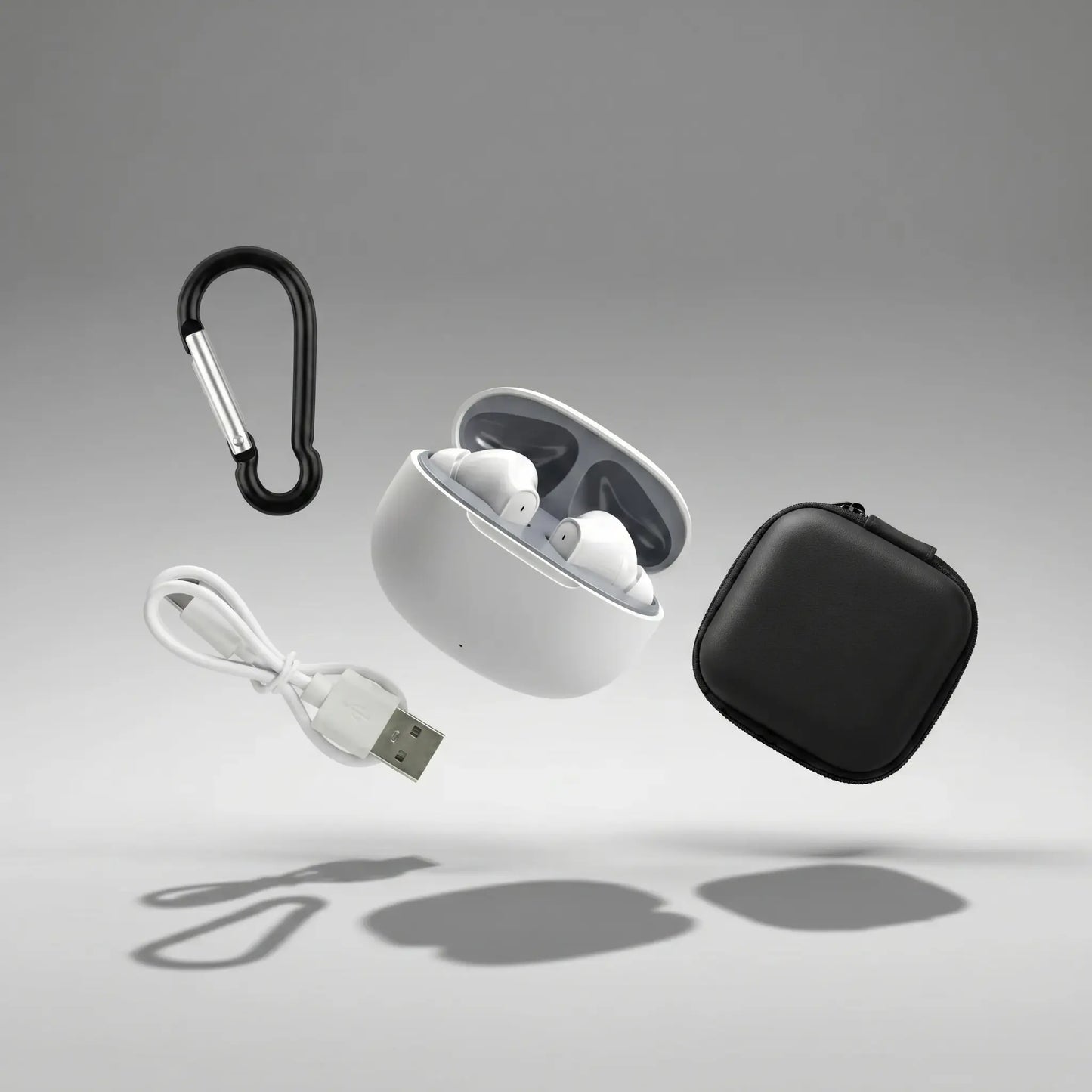 Wireless Noise-Cancelling Bluetooth In-Ear Headphones with Chargeable Audio Accessories, Metal Chain Hook Shock-Absorbing Headset Carrying Case with Clips, Electronic Travel Essentials