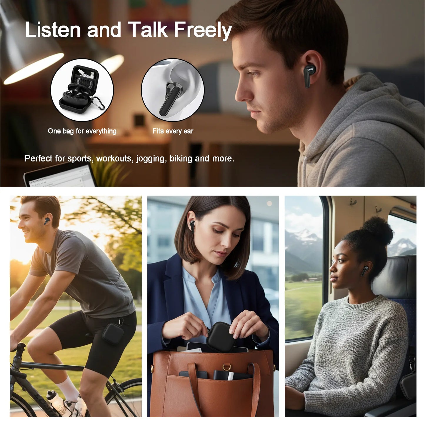 Wireless Noise-Cancelling Bluetooth In-Ear Headphones with Chargeable Audio Accessories, Metal Chain Hook Shock-Absorbing Headset Carrying Case with Clips, Electronic Travel Essentials