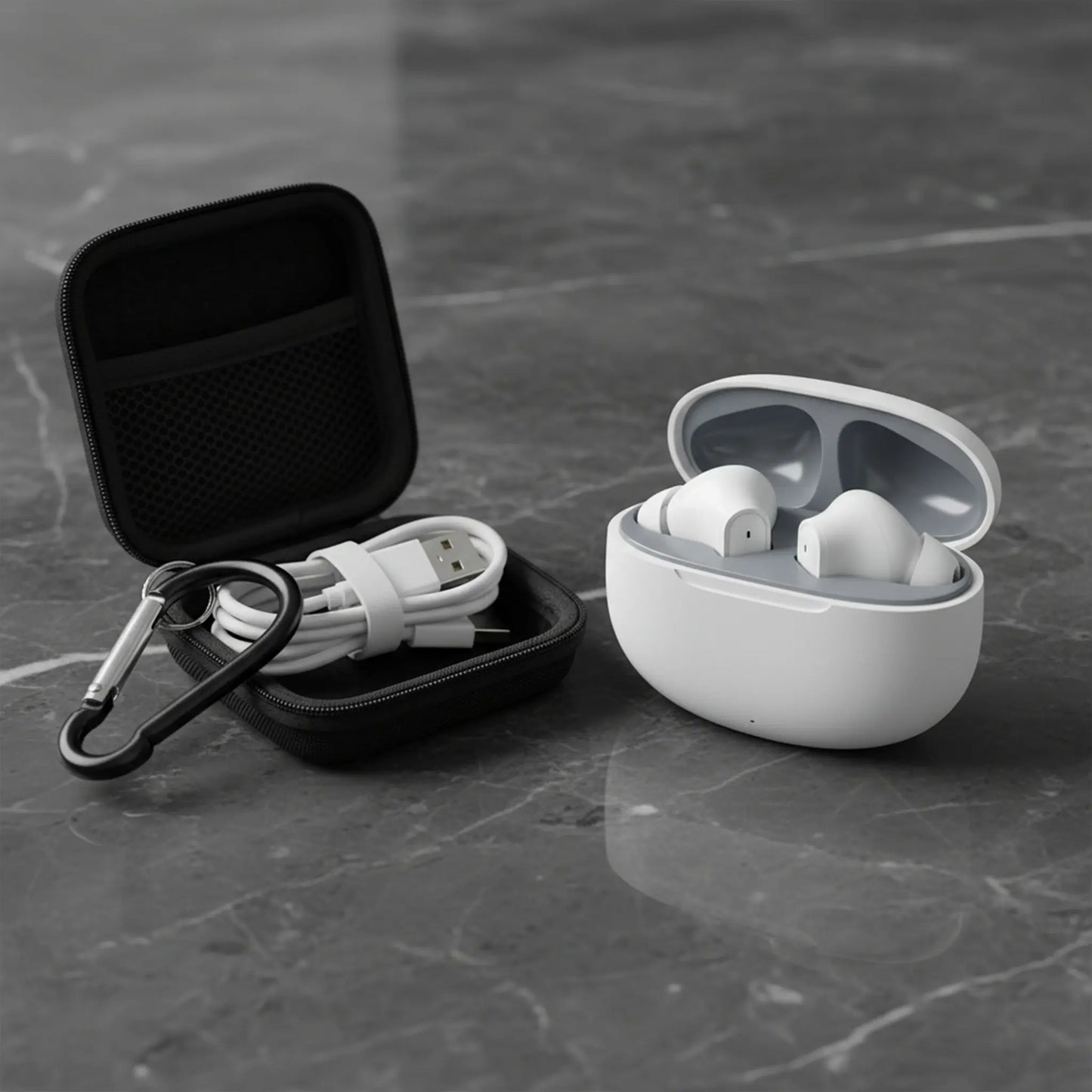 Wireless Noise-Cancelling Bluetooth In-Ear Headphones with Chargeable Audio Accessories, Metal Chain Hook Shock-Absorbing Headset Carrying Case with Clips, Electronic Travel Essentials