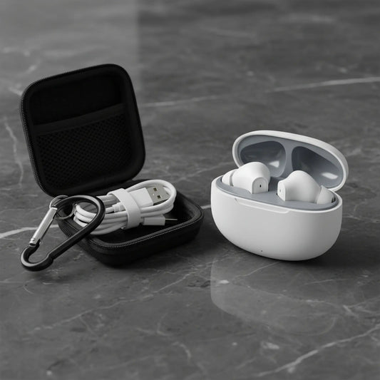 Wireless Noise-Cancelling Bluetooth In-Ear Headphones with Chargeable Audio Accessories, Metal Chain Hook Shock-Absorbing Headset Carrying Case with Clips, Electronic Travel Essentials