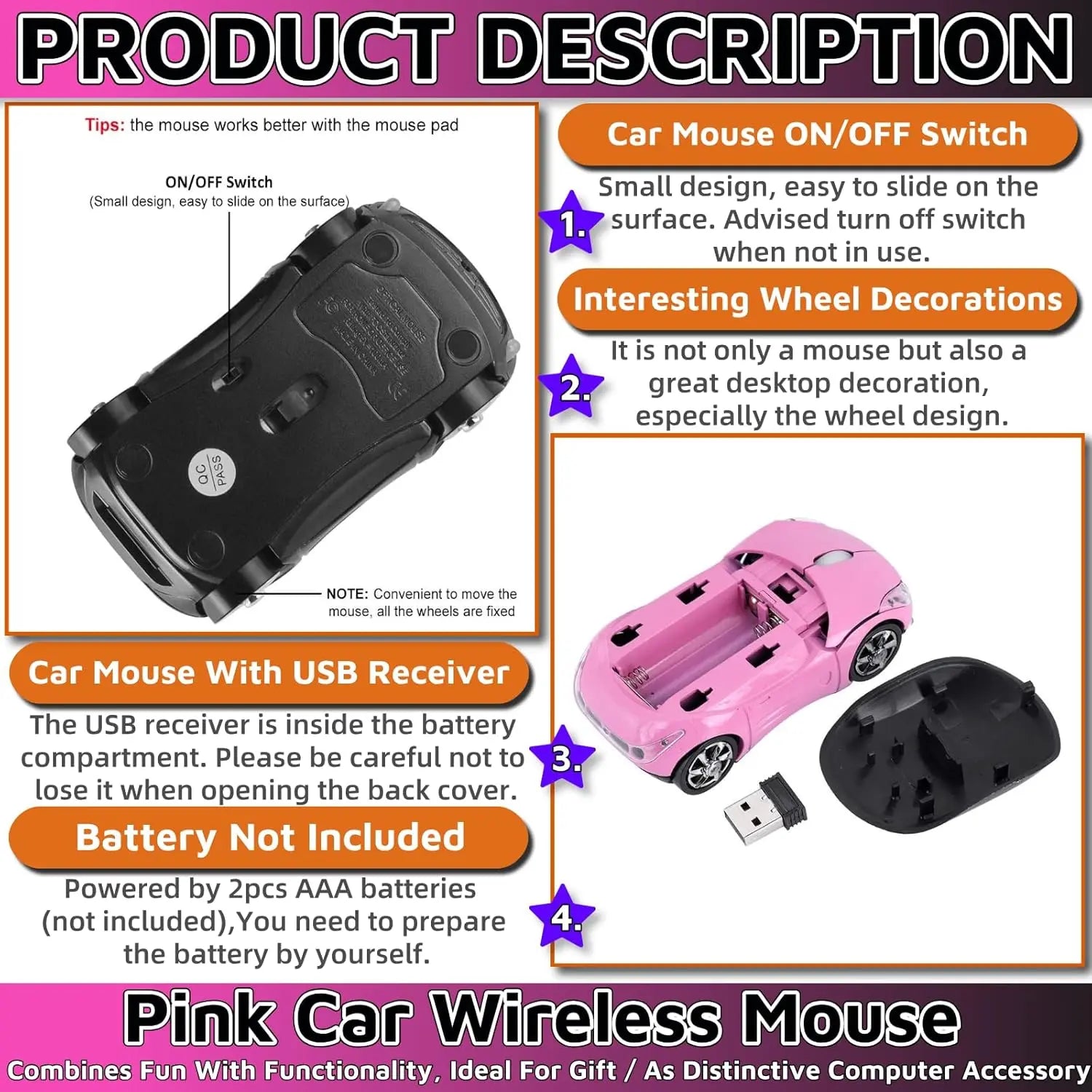 Wireless Sports Car Mouse – 2.4GHz USB Optical Mouse for PC & Laptop